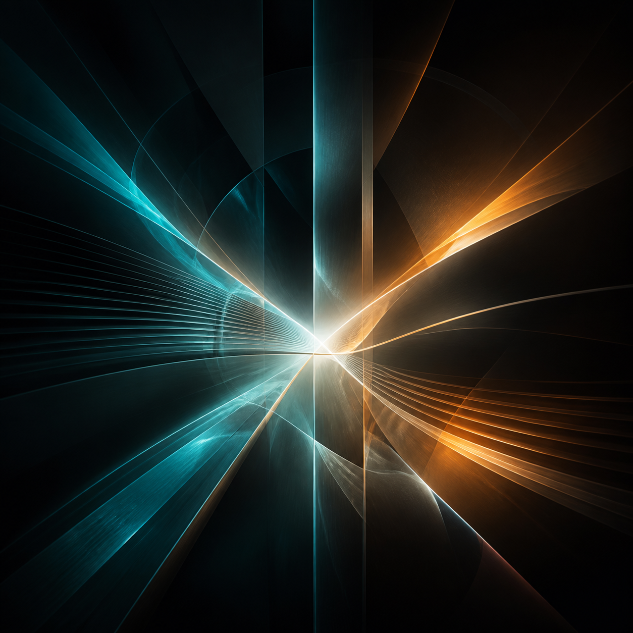Abstract teal and amber light fields converging around a bright central point