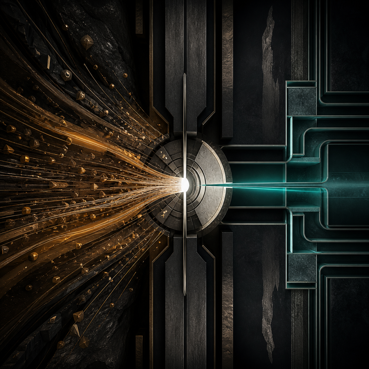 Ambiguous inputs converging on a narrow Boolean gate before deterministic routing